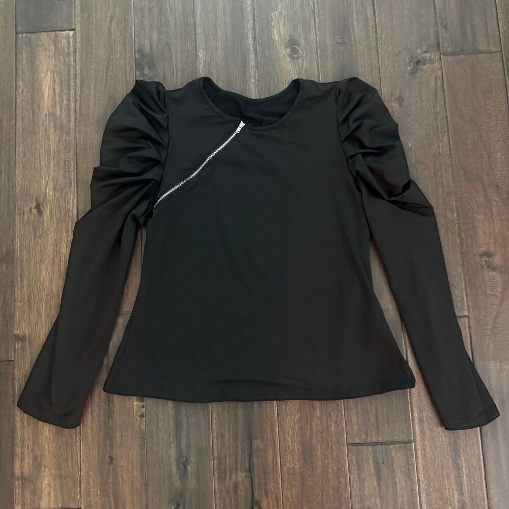 SHEIN Curve Black Puff Sleeve Zipper Detail Blouse 2XL NWT